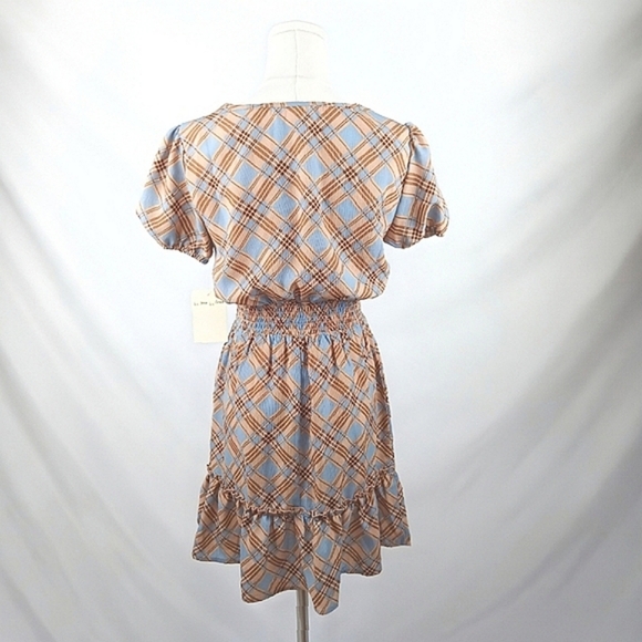 NWT BeBop Blue And Tan Plaid Smocked Waist Mini Dress Puff Sleeve S Retro Print - Picture 4 of 5